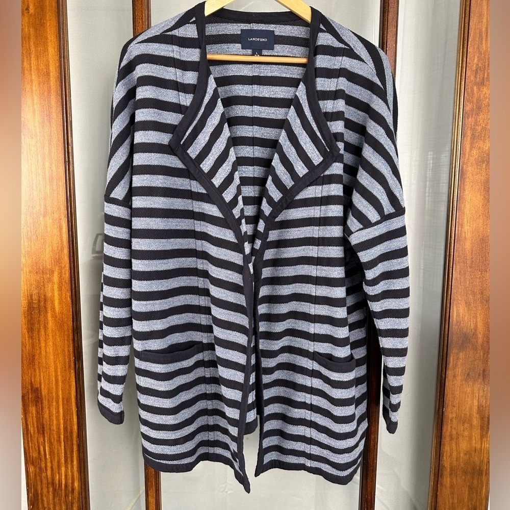 Lands End Cardigan Womens Large 14-16 Blue Open Front Sweater Pocket Blazer Knit